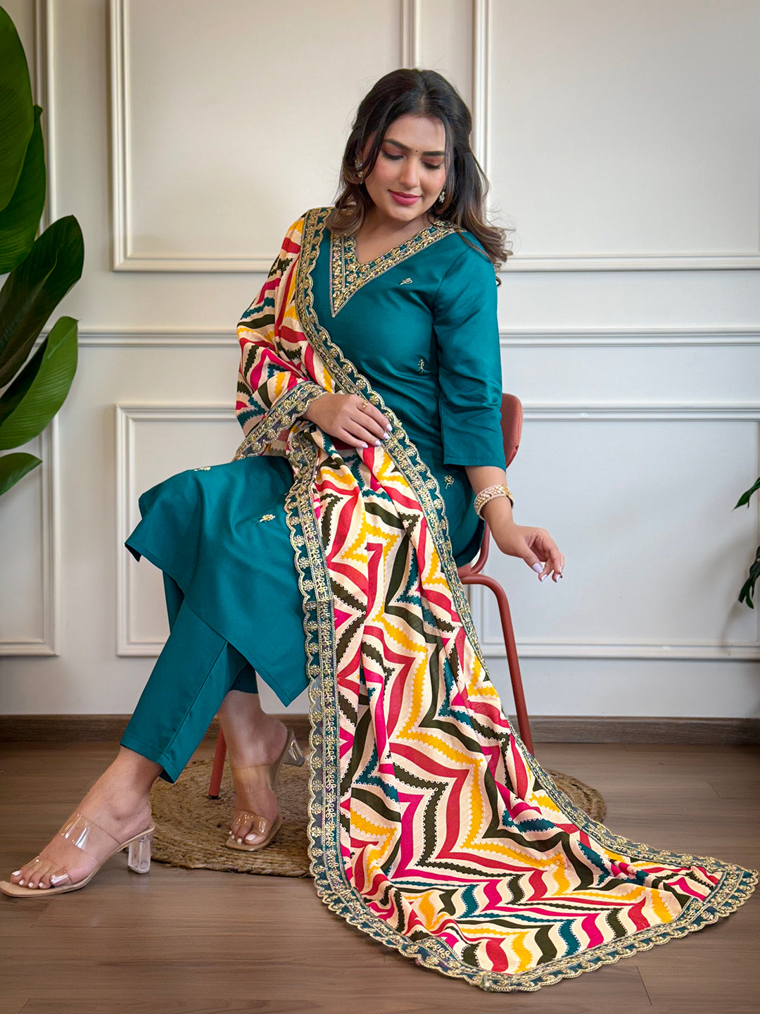 Rama Viscose Elegant Kurta Pant Set With Embroidery Work