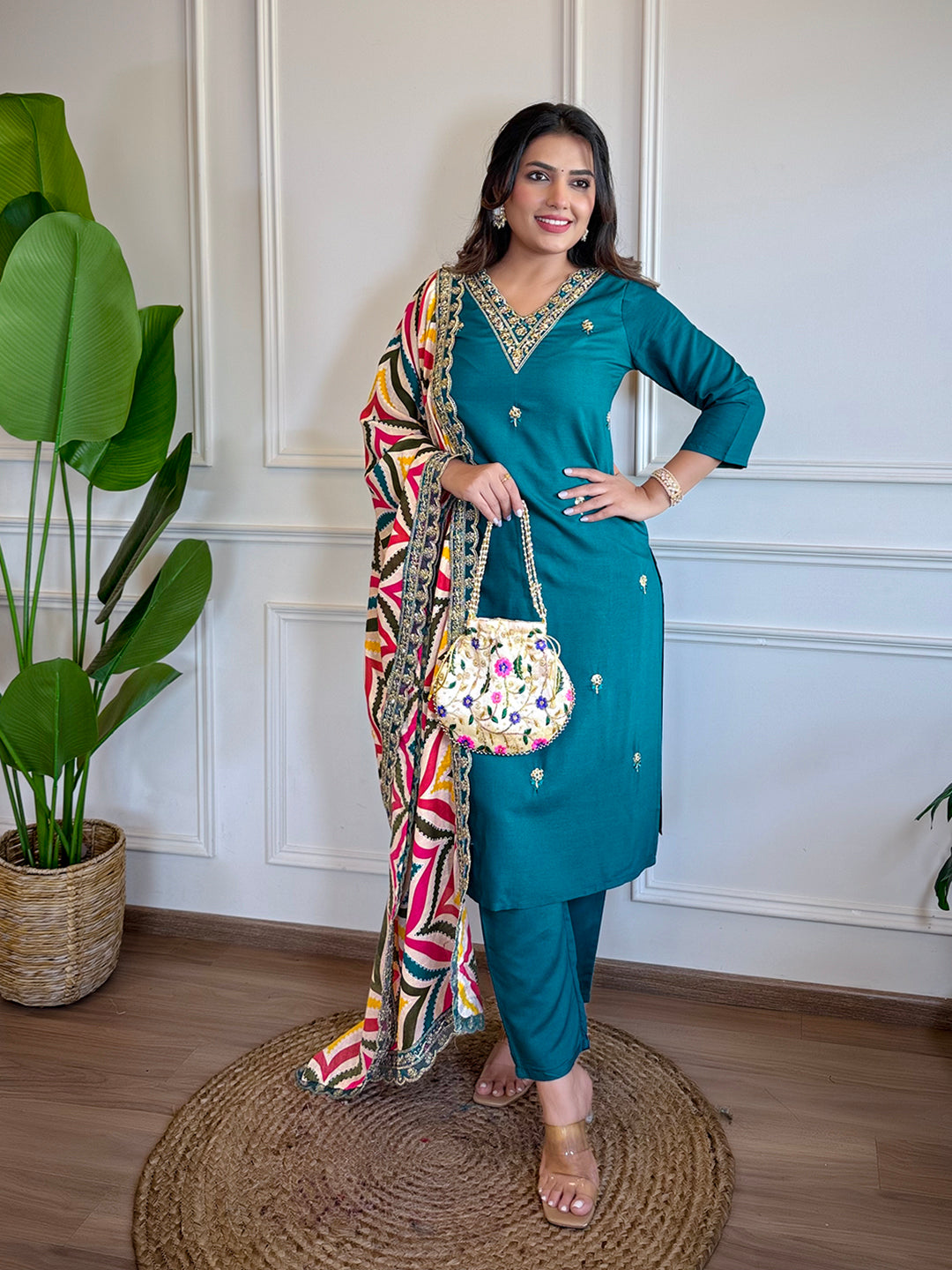 Rama Viscose Elegant Kurta Pant Set With Embroidery Work