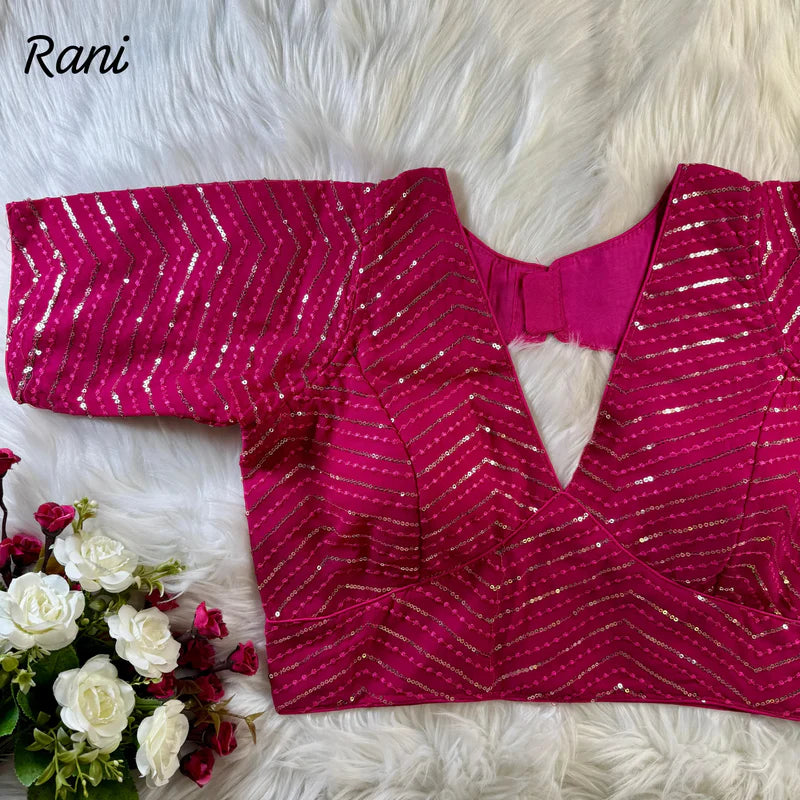 Rani Pink Sabyasachi-Inspired Deep Neck Embroidered Faux Georgette Blouse with Sequin Work