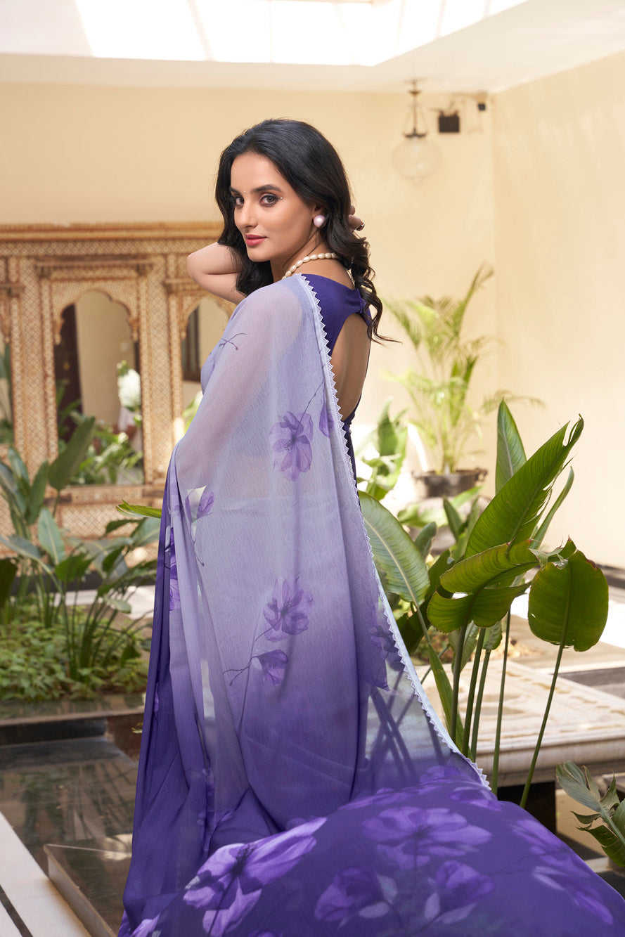 purple Floral Marble Saree with Lace Border