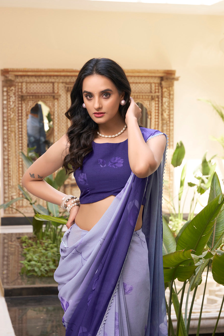 purple Floral Marble Saree with Lace Border