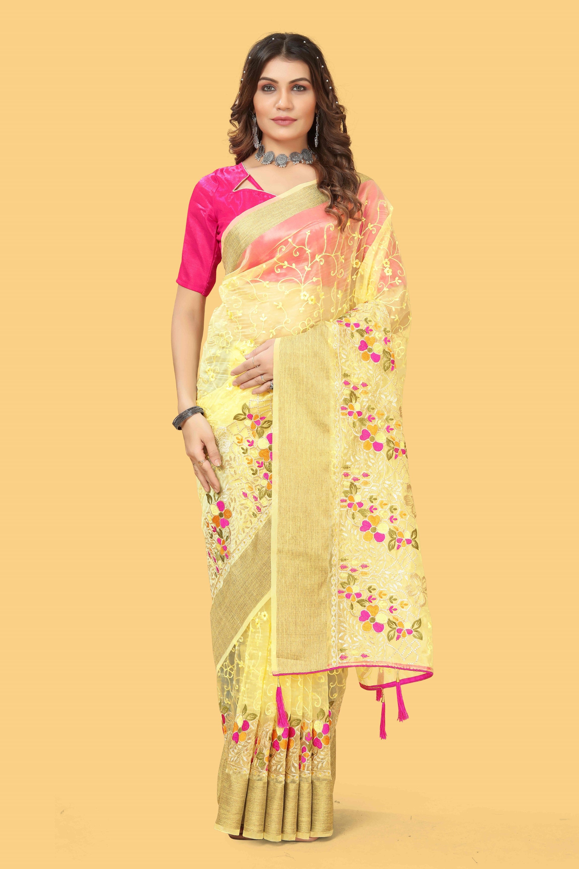 Yellow Woven Patta Organza Silk Saree With Embroidery And Stone Work