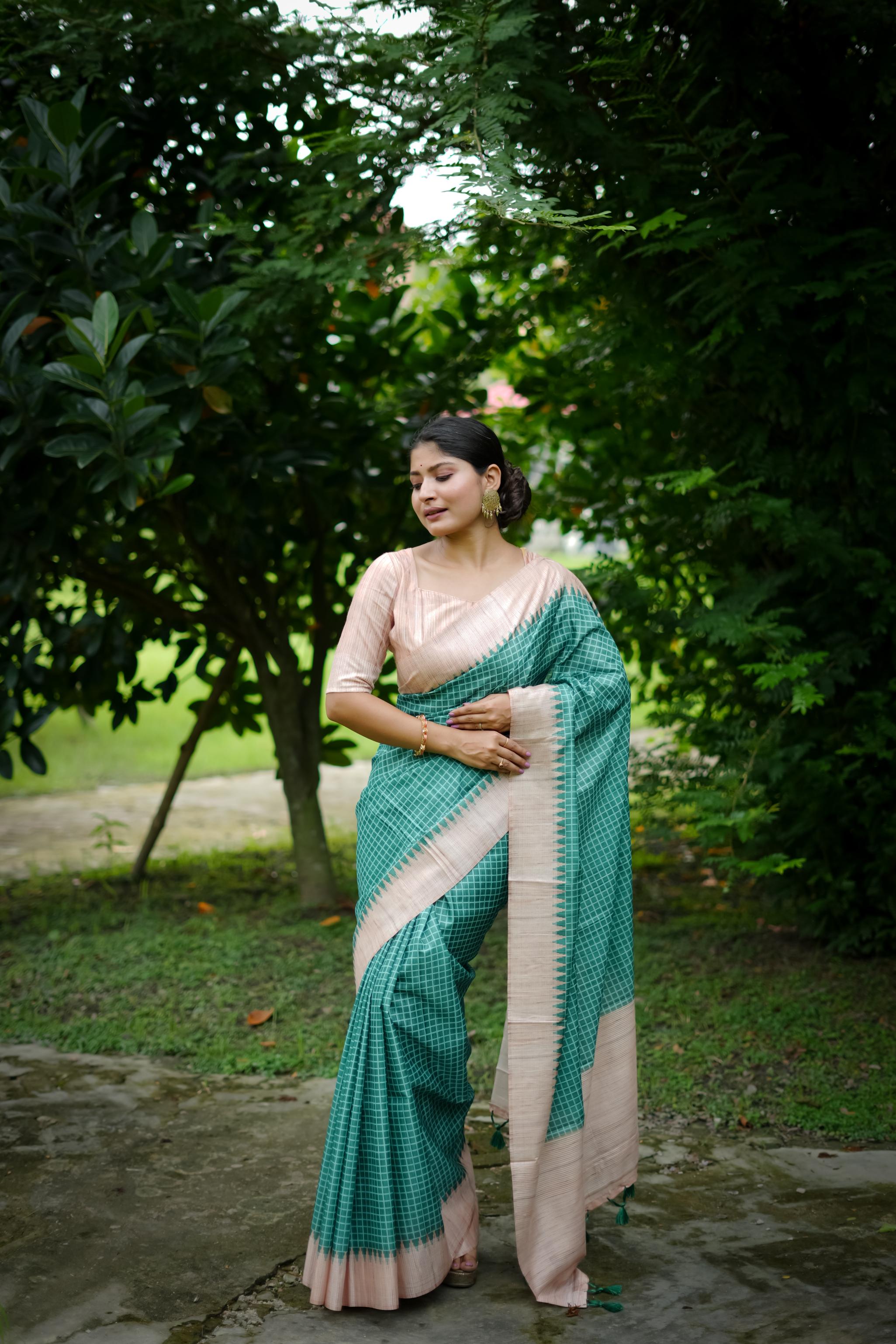 Sea Green Woven Kantha Designer Tussar Silk Saree With Printed Design