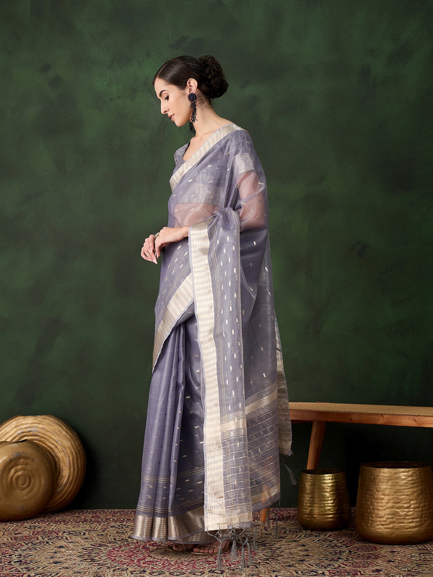 Woven Jacquard Designer Grey Khadi Organza Festive Saree