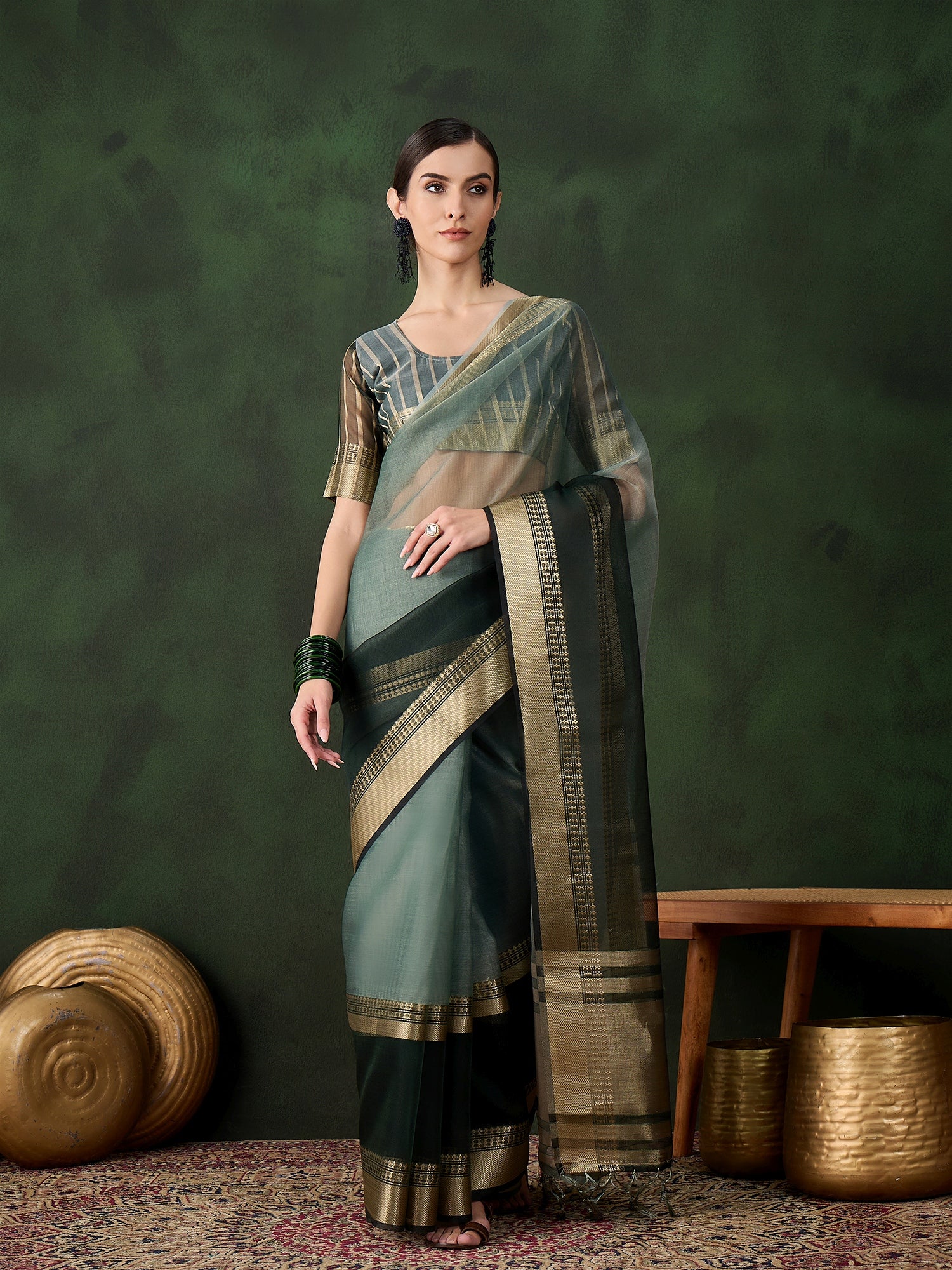 Green Khadi Organza Fabric Beautiful Woven Jacquard Designer Saree